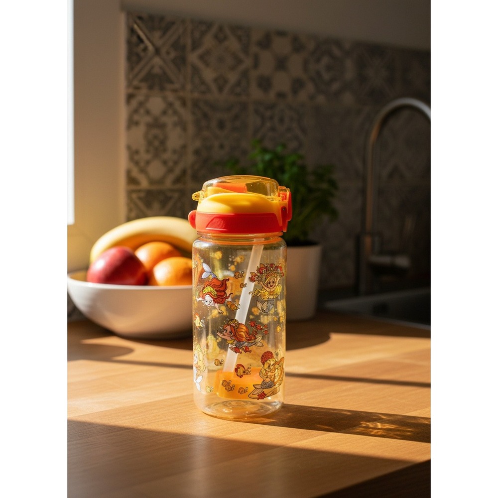 Kids Mermaid Water Bottle Yellow Red Flip Top Lid with Straw 7.5‎ Inch